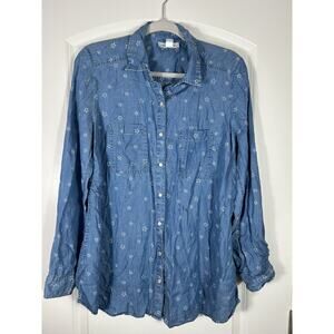 Motherhood Maternity Women's Blue Denim With Stars Button Up W/ Pearl Snaps Sz M
